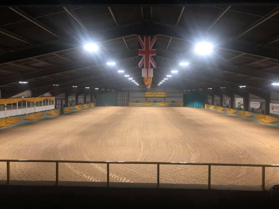 Indoor arena with flags